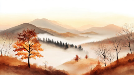 Foggy valley with distant hills shrouded in morning mist, featuring autumn trees with vibrant orange and yellow leaves. serene landscape with soft light and rolling hills