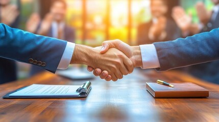 Successful Business Partnership: Celebrating a Milestone Agreement with a Handshake in a Multicultural Corporate Office
