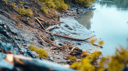 Riverbank eroded by rising waters showcases broken vegetation and scattered debris under natural lighting, highlighting environmental impact
