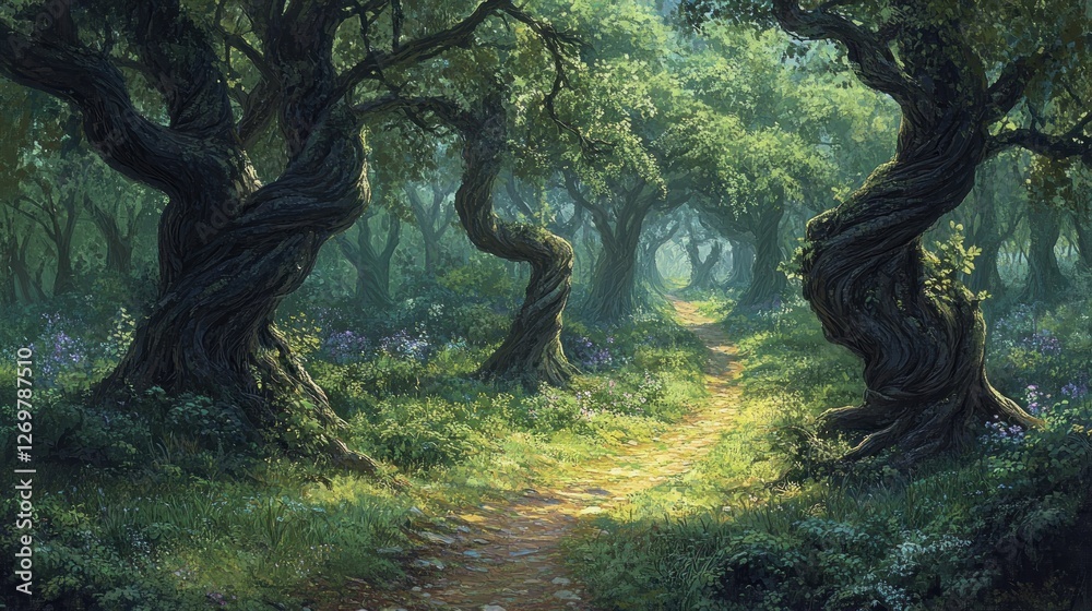 Aufkleber A path winds through an enchanted forest with twisted trees