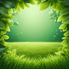 Green empty grass field background with a frame of spring leaves