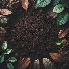 Dirt ground background with leaves on the sides with copy space