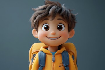 Cheerful animated child with backpack and bright smile in a simple background