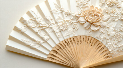 Folded paper fan with embossed floral textures, elegant and intricate, featuring delicate roses and botanical patterns in soft ivory and beige color palette, exuding vintage aesthetic