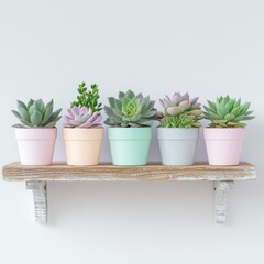 Obraz premium Pastel Succulents on Wooden Shelf, Home Decor, Minimalist Style