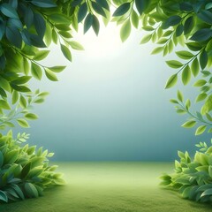 Empty grass field background with a blue sky and a frame of spring leaves