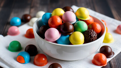 white bowl with colorful candy coated chocolates














