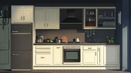 Fototapeta premium Modern Kitchen Interior, Sunny Morning, Minimalist Style, Suitable for Home Decor or Restaurant Design
