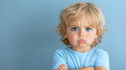 Naklejka premium Toddler boy frowning, arms crossed, studio backdrop