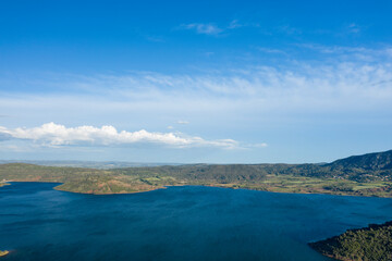 Lake Salagou in Europe, France, Occitanie, Herault, Clermont l Herault, in summer, on a sunny day.