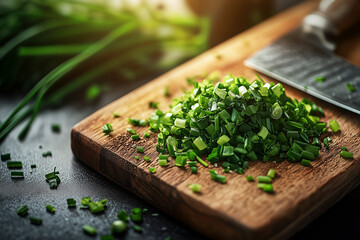 Macro Shot of Finely Chopped Chives on Cutting Board