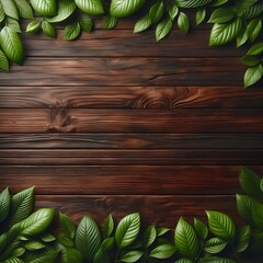 Dark wood background with a frame of spring leaves with flowers and copy space