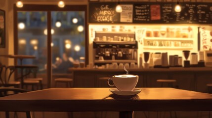 A steaming cup of coffee sits on a cafe table
