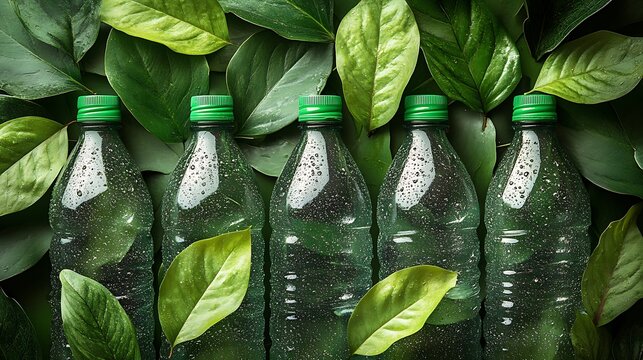 Top view of environmentally conscious packaging with bright green plastic bottles and natural leaves