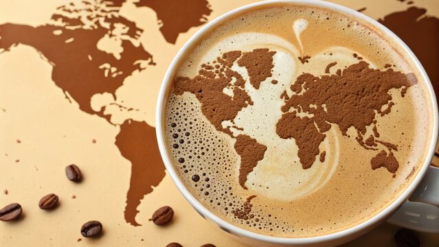 Artistic coffee foam design resembling a world map showcased on a cream backdrop alongside roasted coffee beans