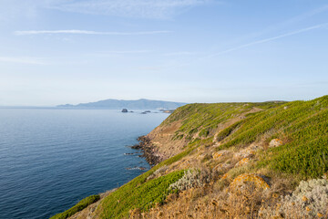 The arid coast at Punta di Foghe in Europe, Italy, Sardinia, Punta di Foghe, in summer, on a sunny day.