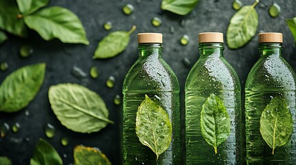 Natural themed sustainability shot with green bottles and bright leaf accents in a top down view