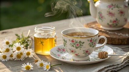 Chamomile tea served in a delicate floral cup with honey, garnished by fresh daisies outside on a sunny afternoon