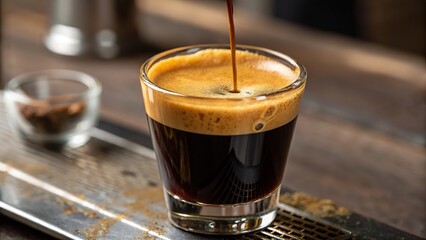 Perfectly poured espresso shot showcasing rich crema in clear glass with a rustic backdrop