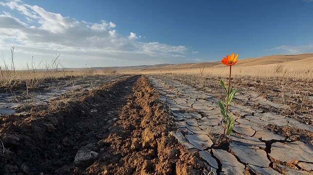 A lone sprout emerging from parched cracked earth in a drought stricken farmland
