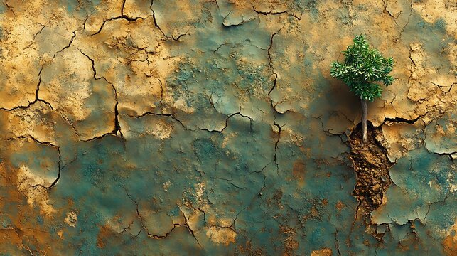 A lone sprout emerging from parched cracked earth in a drought stricken farmland