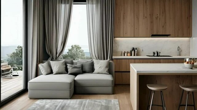 Modern Cozy Living Room and Kitchen Interior Design