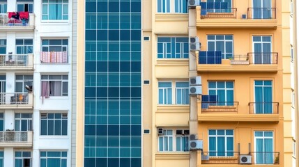 Obraz premium State-of-the-art energy-efficient structure showcases glass solar panels on a sunny day, surrounded by residential apartments