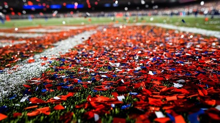 Obraz premium Football field covered in confetti after a championship game 2025 subtly painted on the grass