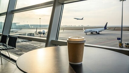 Coffee cup rests on sleek table while airplanes take off at airport during sunrise