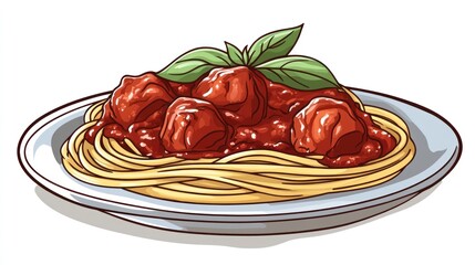 Spaghetti and meatballs with sauce on a white plate