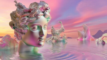 Surreal 3D Art: Exploring Abstract Landscapes and Ethereal Digital Sculptures in Vibrant, Holographic Backgrounds