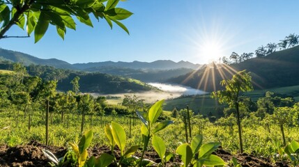 Obraz premium A breathtaking sunrise illuminates a reforested valley as mist gently rises between young trees, capturing the essence of nature's tranquility