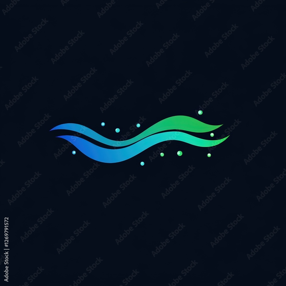 Canvas Prints A minimalist logo featuring a stylized wave with flowing blue and green gradients, accented by floating dots, set against a dark background for a modern and elegant look