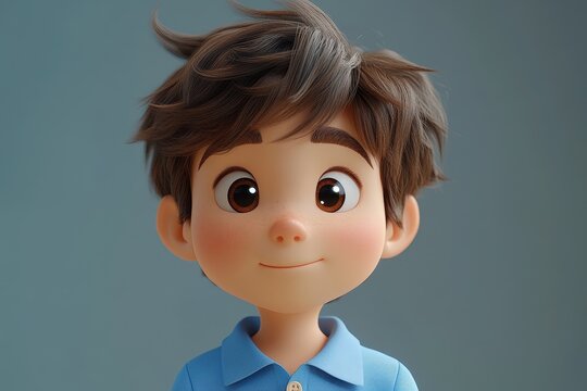 Smiling young boy with brown hair wearing a blue shirt against a plain background