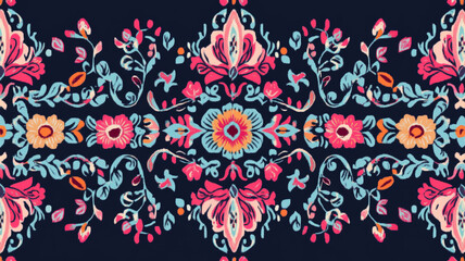 Seamless floral folk pattern with intricate embroidery design in pink, blue, and orange tones on dark background