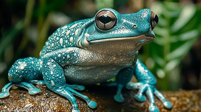 Azure frog rainforest closeup, vibrant foliage