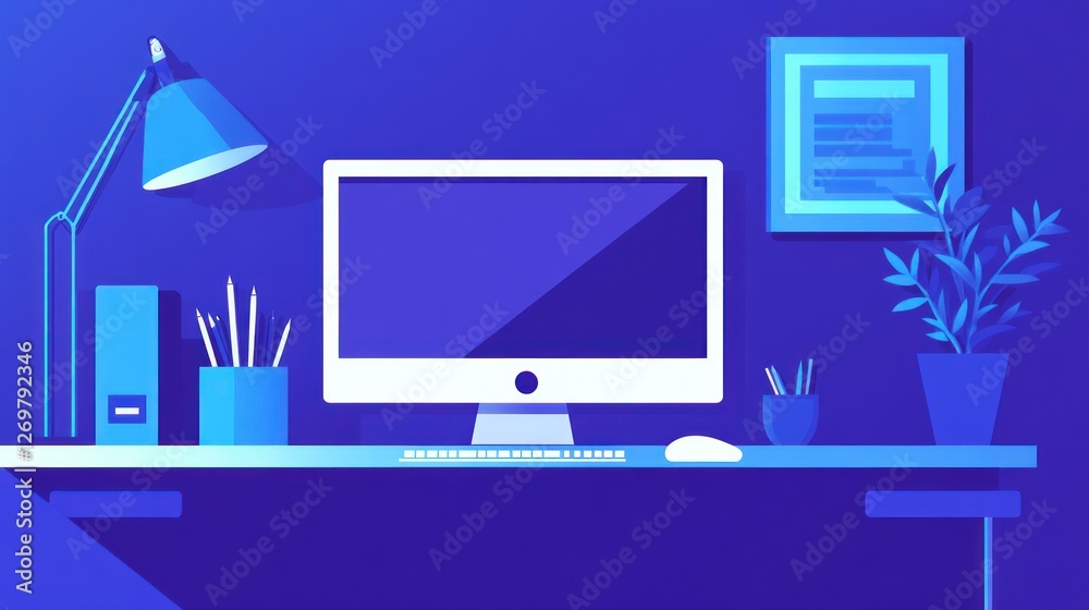 Poster stylized computer setup with desk lamp and wall decoration