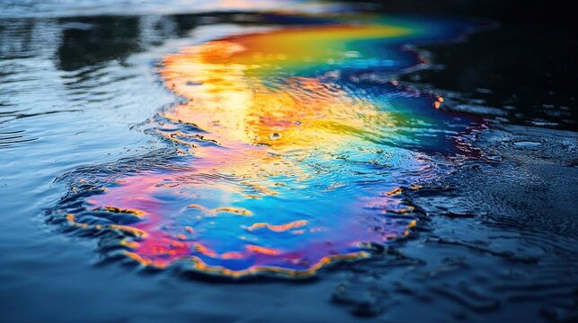 Rainbow oil spill on dark water; environmental pollution