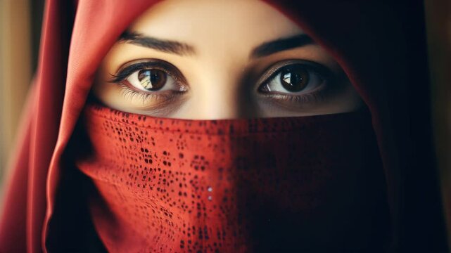 Young and charming Muslim woman eyes in a red niqab