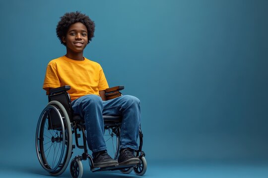 Young boy in a wheelchair smiles against a blue backdrop while wearing a bright yellow shirt