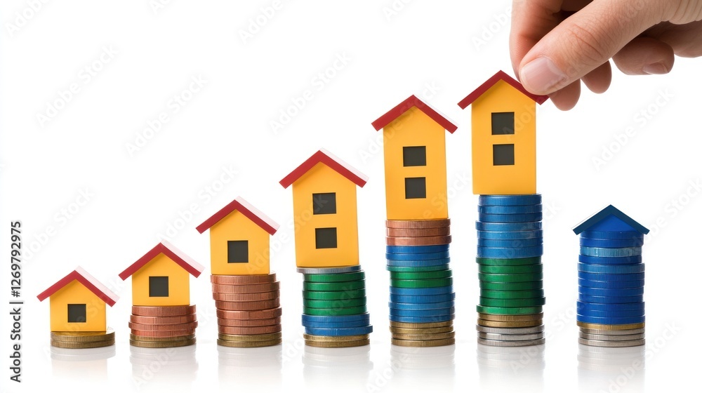 Poster house prices increasing demonstrated by stacking coins with model houses