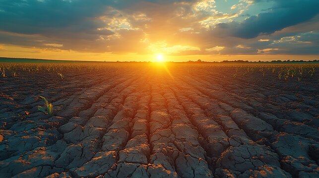 Brown withered crops scattered across a lifeless cracked field under the sun