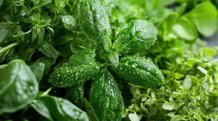 Fresh culinary herbs close-up with water droplets showing vibrant green colors