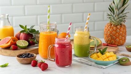 Vibrant collection of fresh juices and smoothies arranged on a kitchen counter during a sunny afternoon