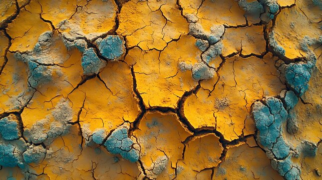 High aerial view of a parched cracked agricultural field suffering from extreme drought