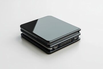 3D Modern stack of sleek black smartphones with reflective screens in a studio light setting