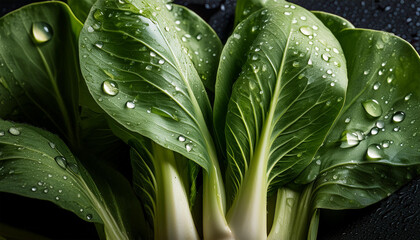 moody bok choy closeup with water droplets