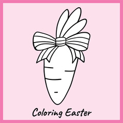 Black and white outline of a cute carrot tied with a bow, perfect for Easter-themed coloring activities. A fun and creative printable for kids and crafts