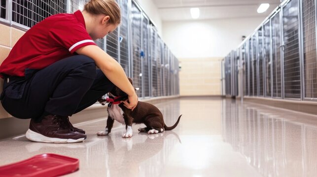 A volunteer lovingly interacts with a rescued dog in a sunlit animal shelter, surrounded by tidy kennels and a welcoming atmosphere