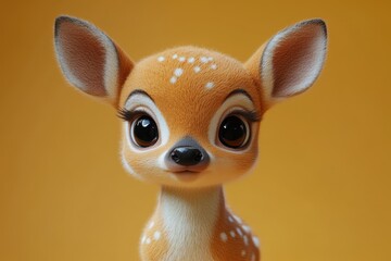 Cute cartoon-style deer with large expressive eyes against a bright yellow background